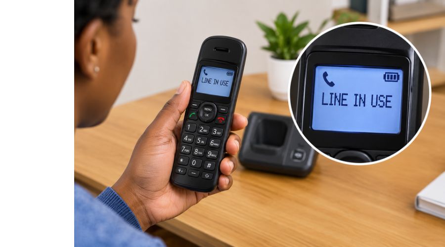 An image showing a lady using a cordless phone with line in use display